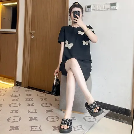 高级蝴蝶小圆领连衣裙女装夏季欧货法式显瘦遮肚子小黑裙大码胖mm图片