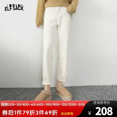 妖精的口袋高腰直筒铅笔裤女2023冬季新款白色宽松显瘦加绒休闲裤图片