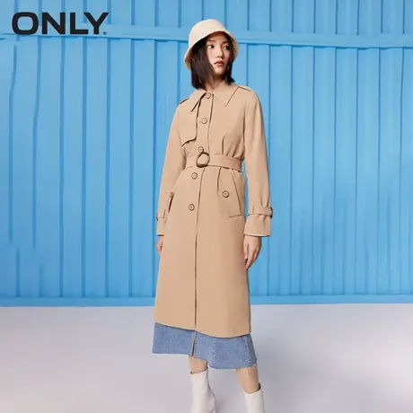 ONLY翻领长款纯色系扣高腰风衣外套女|122336045图片