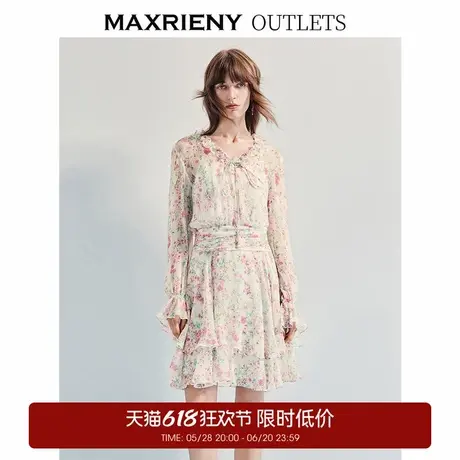 【奥莱】MAXRIENY碎花连衣裙抽褶收腰浪漫印花晕染茶歇裙图片