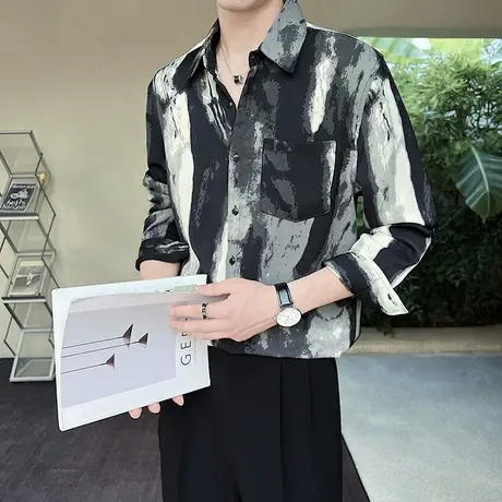 春秋季个性复古泼墨衬衫男宽松长袖上衣潮流痞帅小众百搭休闲衬衣图片