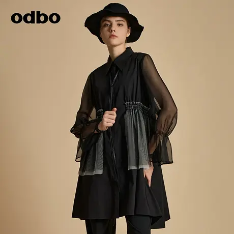 odbo/欧迪比欧原创设计时尚网纱拼接抽褶衬衫女秋季2023新款上衣图片