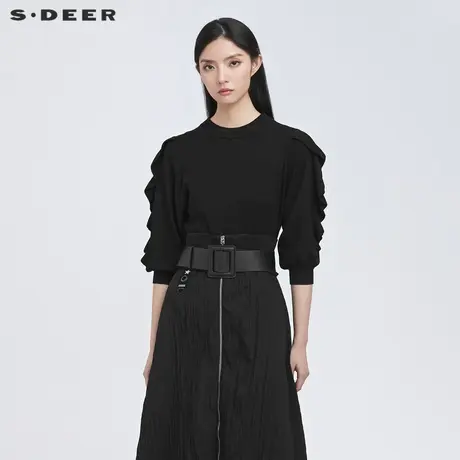 sdeer圣迪奥女装罗纹圆领波浪拼接黑色针织衫S22183516图片