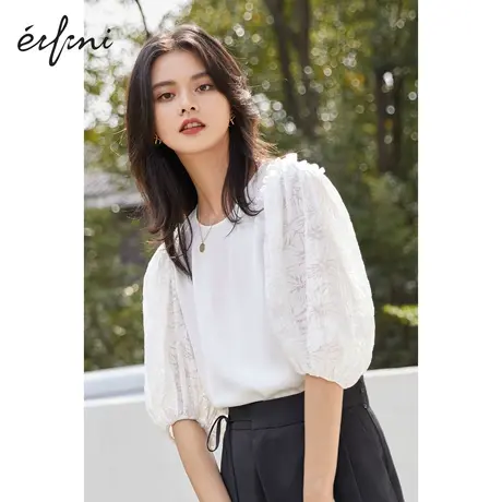 伊芙丽拼接式泡泡袖小上衣女2021夏季新款设计感薄款甜美女士衬衫图片