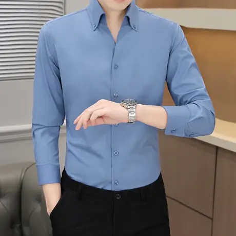 蓝衬衫男士长袖春秋季商务休闲免烫职业工装上衣上班办公西装寸衫图片