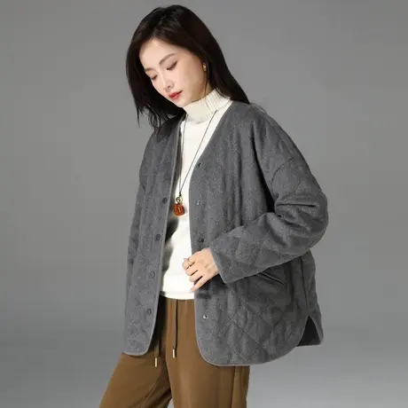 灰色格子羽绒服女冬季新款宽松v领夹克开衫休闲上衣羊毛鸭绒外套图片