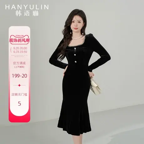 韩语琳黑色长袖连衣裙女2023新款高级感法式气质收腰显瘦秋季裙子图片