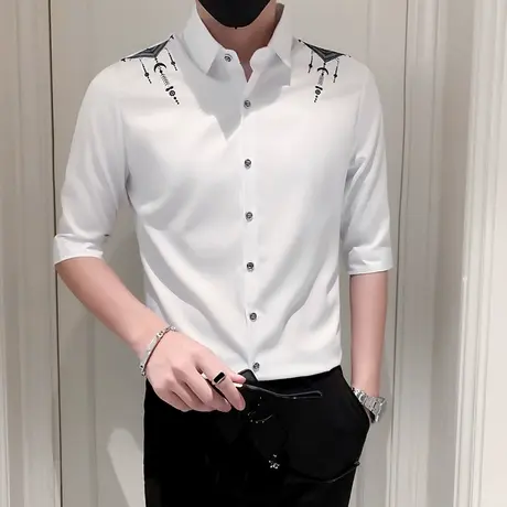 夏季短袖衬衫男潮牌痞帅气韩版修身七分袖时尚男装刺绣半中袖衬衣图片