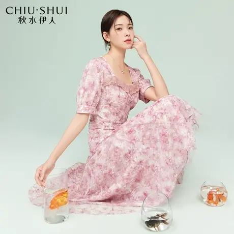 秋水伊人法式印花雪纺蕾丝连衣裙2022夏季新款女装浪漫珍珠花边裙图片