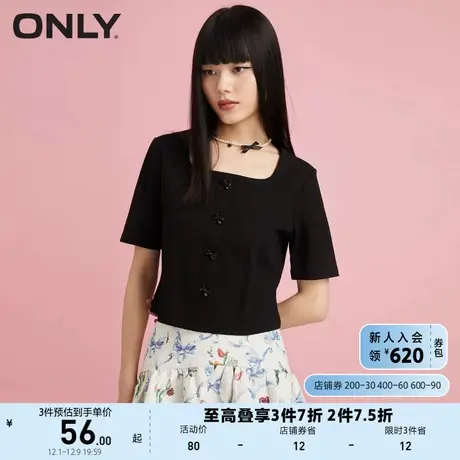 ONLY奥莱夏季短款修身蝴蝶结法式复古方领T恤女图片