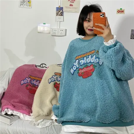 羊羔毛卫衣女秋冬加绒加厚宽松韩版假两件上衣bf慵懒风外套潮ins图片