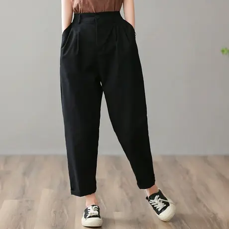 dza 高腰显瘦纯棉休闲裤子女士2023春季宽松阔腿裤休闲哈伦直筒裤图片