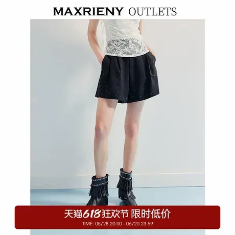 【奥莱】MAXRIENY黑色a摆压褶短裤女通勤风a型裙裤图片