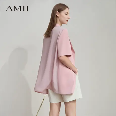 Amii2025夏新款通勤翻驳领撞料拼接一粒扣短袖西装女西服职场上衣图片