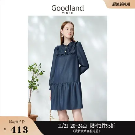 Goodland美地女装2023春季木耳边装饰拼接泡泡袖娃娃款连衣裙图片