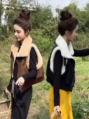 欧货时尚毛毛拼皮衣短款马甲女秋冬设计感加绒无袖坎肩马夹背心潮图片