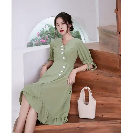 2024新款女装夏装中长款宽松连衣裙复古荷叶边气质裙子过膝长裙图片