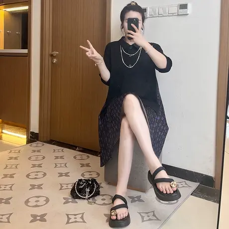 胖mm大码女装2024春夏季新款拼接假两件连衣裙休闲宽松短袖T恤裙图片