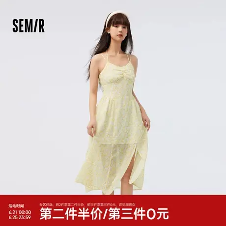 森马连衣裙女雪纺高开叉吊带裙2023夏新款森系修身肌理碎花裙温柔图片