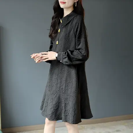 宝诗黎长袖提花春季中长款黑色连衣裙女2024休闲新款减龄衬衫裙子图片