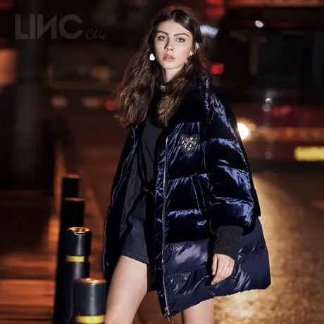 LINC金羽杰2023年冬新款反季轻奢丝绒中长款羽绒服女专柜断码清仓图片