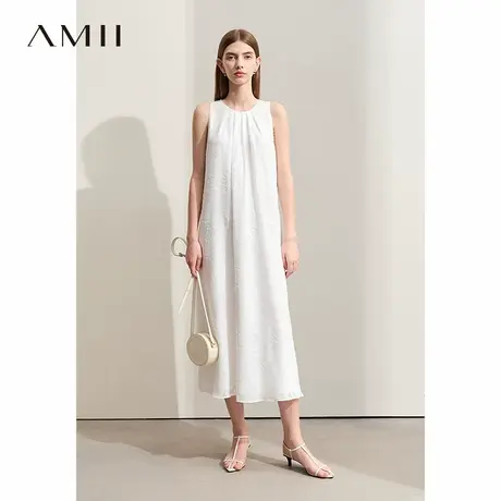 Amii2025夏新款浪漫度假风圆领剪花肌理感无袖连衣裙女A字裙子图片