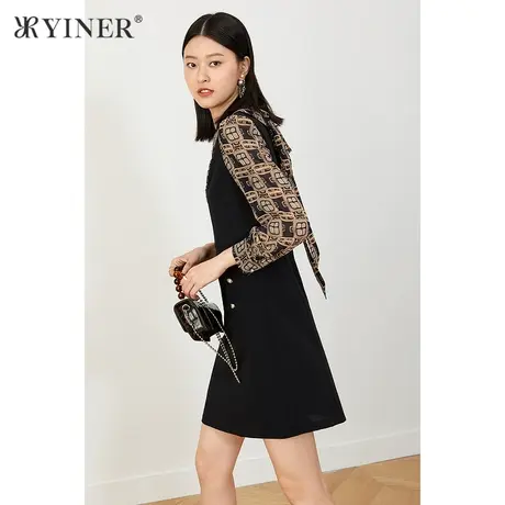 YINER音儿商场同款女装2021秋季新款艺术拼接假两件连衣裙图片
