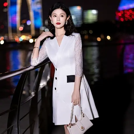 小晚礼服女平时可穿短款白色西装领简单大方高级感气质宴会连衣裙图片