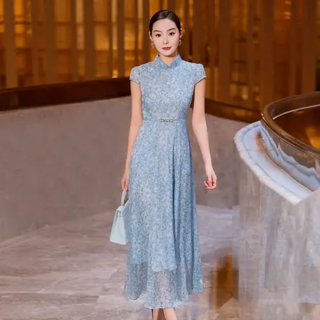 新中式立领连衣裙女2025夏季新款气质端庄大气时尚印花短袖大摆裙图片