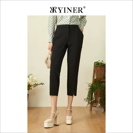 YINER音儿女装春季通勤微衩竖条纹直筒休闲裤图片