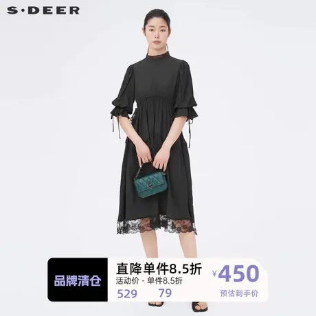 【秒杀】sdeer圣迪奥收腰蕾丝拼接肌理中袖连衣裙S22281263图片