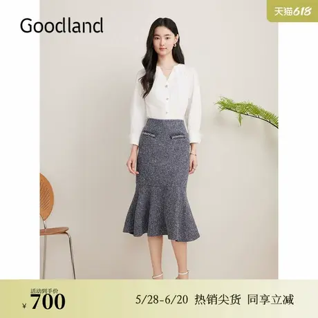 【彩点花纱呢】Goodland美地秋季手工钉珠香风鱼尾半身裙图片