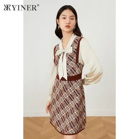 YINER音儿商场同款女装2021秋季新款蝴蝶结领针织连衣裙图片