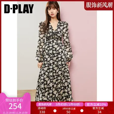 DPLAY秋装新款法式复古V领甜美荷叶边设计黑底粉花连衣裙图片