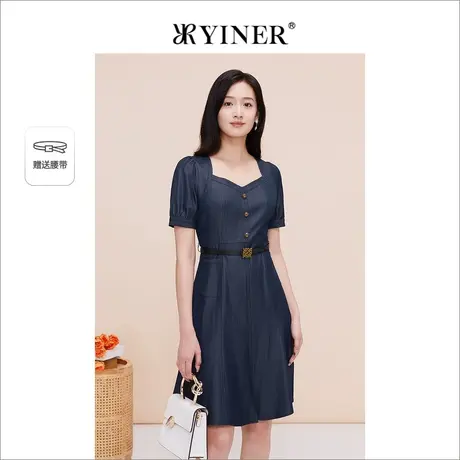 YINER音儿线上专选女装2023夏季复古方领连衣裙配腰带商品大图