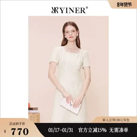 YINER音儿女装夏季时尚复古法式方领奶油白连衣裙图片