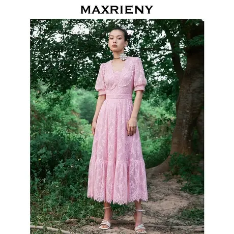MAXRIENY蕾丝茶歇裙夏重工V领连衣裙设计感长裙图片