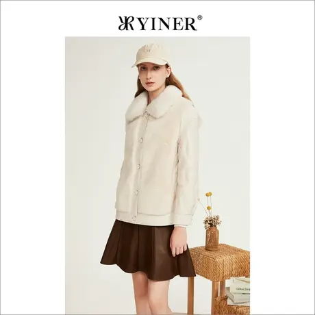 YINER音儿女装2022冬季新款毛领拼接真皮轻薄羽绒服图片