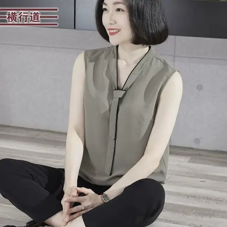 简约纯色丝巾领宽松直筒雪纺背心休闲2023夏季新款大码女装上衣服图片