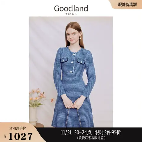 【名媛小香风】Goodland美地女装2023秋季收腰针织肌理连衣裙图片