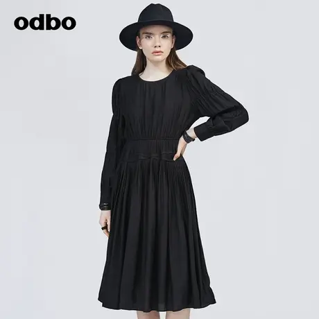 odbo/欧迪比欧法式复古宫廷连衣裙女春季新款收腰显瘦抽褶A字裙子图片