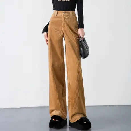 卡其色灯芯绒裤子加厚加绒阔腿裤女2023新款秋冬款直筒休闲裤长款图片