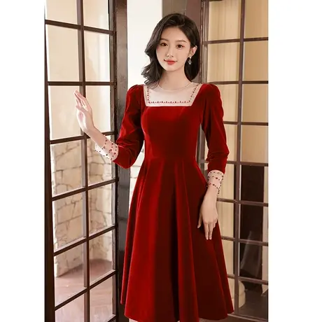 长袖敬酒服新娘2023新款秋冬季酒红色高级感订婚礼服连衣裙女钉珠图片
