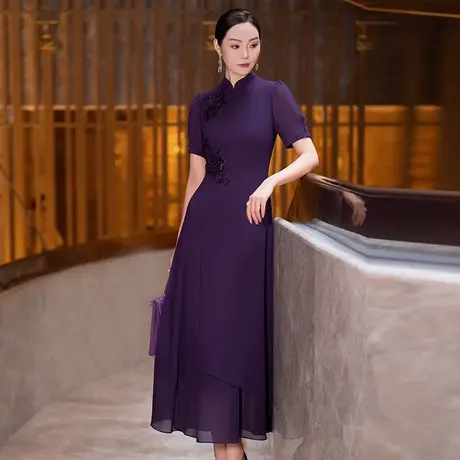夏季连衣裙女2025新款优雅复古端庄大气新中式立领贴花短袖a字裙图片