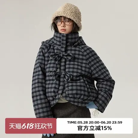 omont蛋挞家90白鸭绒复古格纹羽绒服冬保暖设计感短款面包服图片