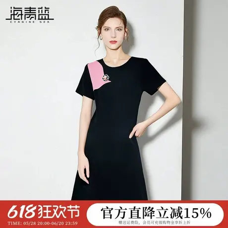 海青蓝 裙子女夏圆领短袖纯色高级女装中长款连衣裙女2025新款图片