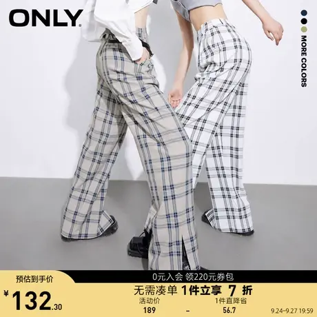 ONLY奥莱夏季简约显瘦高腰格纹轻薄直筒休闲裤女图片