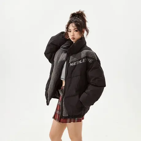 YEP黑色羊羔毛拼接棉服女加厚冬季外套新款复古宽松oversize棉衣图片