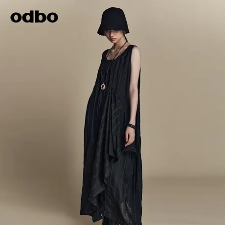 odbo/欧迪比欧原创设计感无袖吊带条纹连衣裙女夏季新款长裙图片