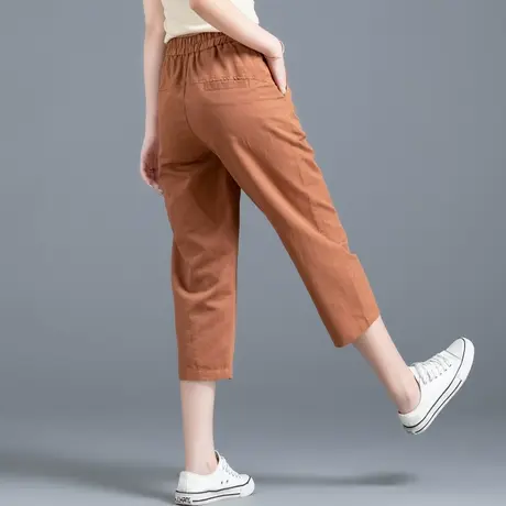 棕色亚麻裤子女夏季薄款棉麻女裤七分裤女高腰西装休闲裤7分马裤图片